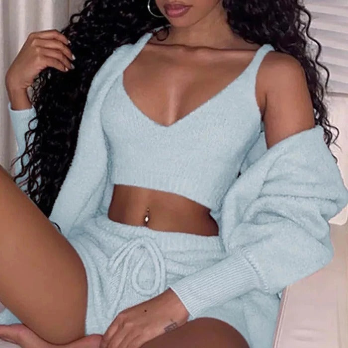 3PCS Women’s Pajama Set Crop Top & Drawstring Shorts