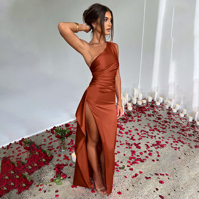 Women’s Satin One-Shoulder Backless Slit Dress
