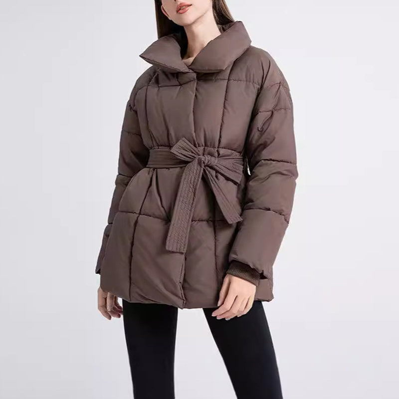 Women’s Winter Plaid Lapel Coat with Lace-Up Design