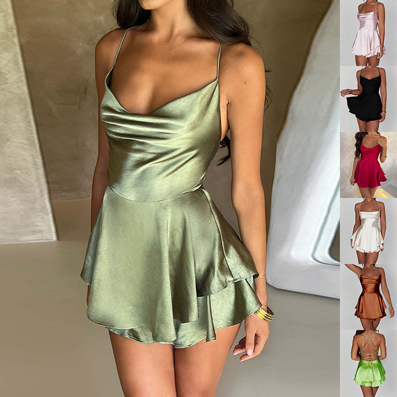 Women’s Satin Lace-Up Backless A-Line Short Dress