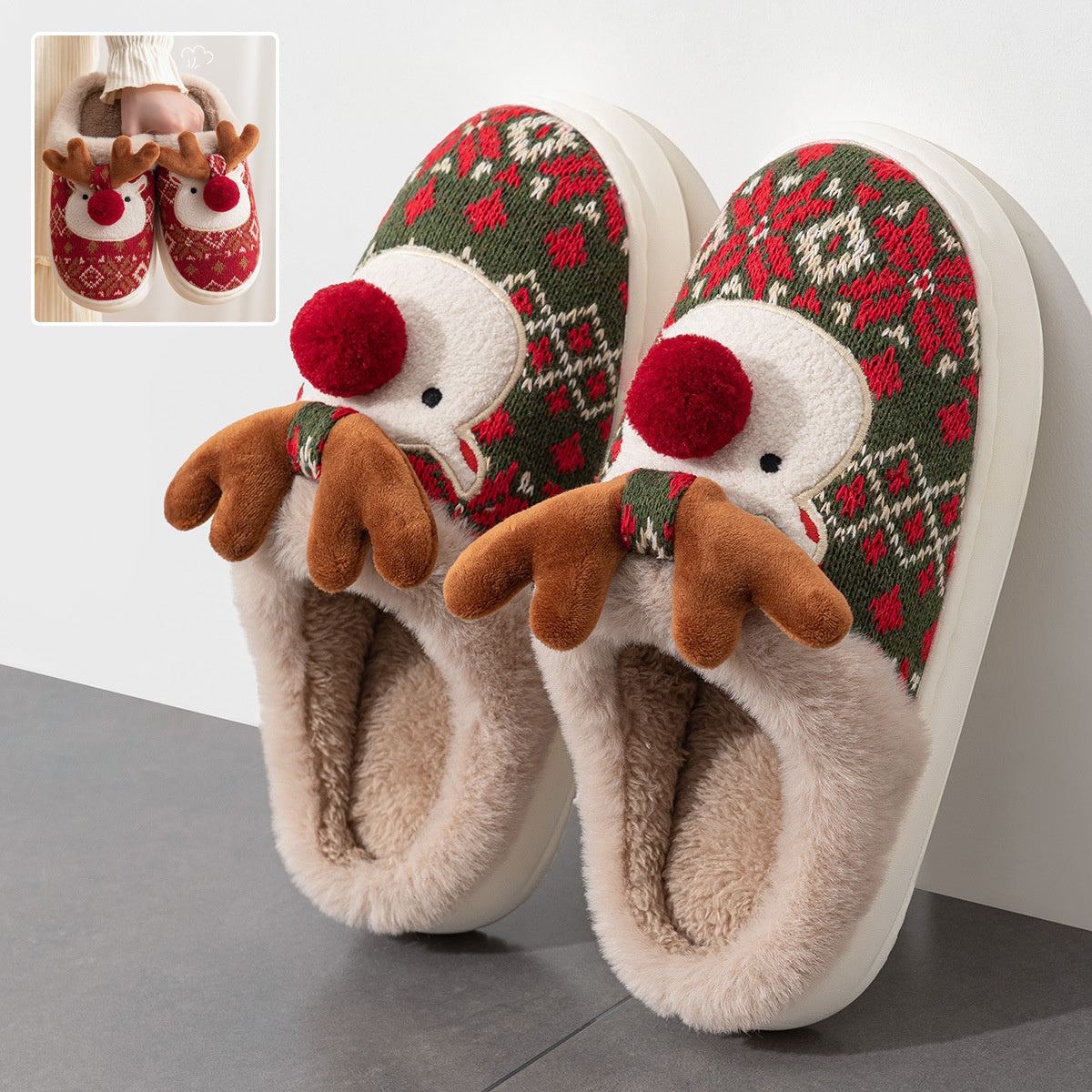 Women’s Fuzzy Christmas Elk Plush Winter Slippers