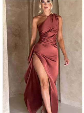 Women’s Satin One-Shoulder Backless Slit Dress