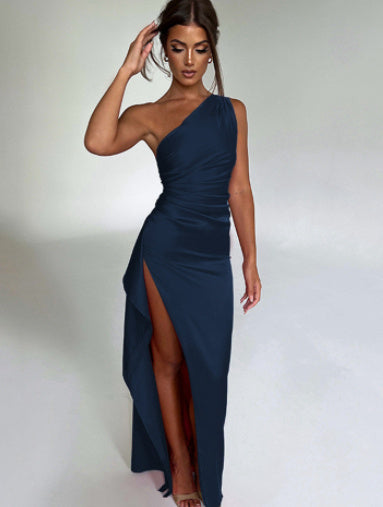 Women’s Satin One-Shoulder Backless Slit Dress