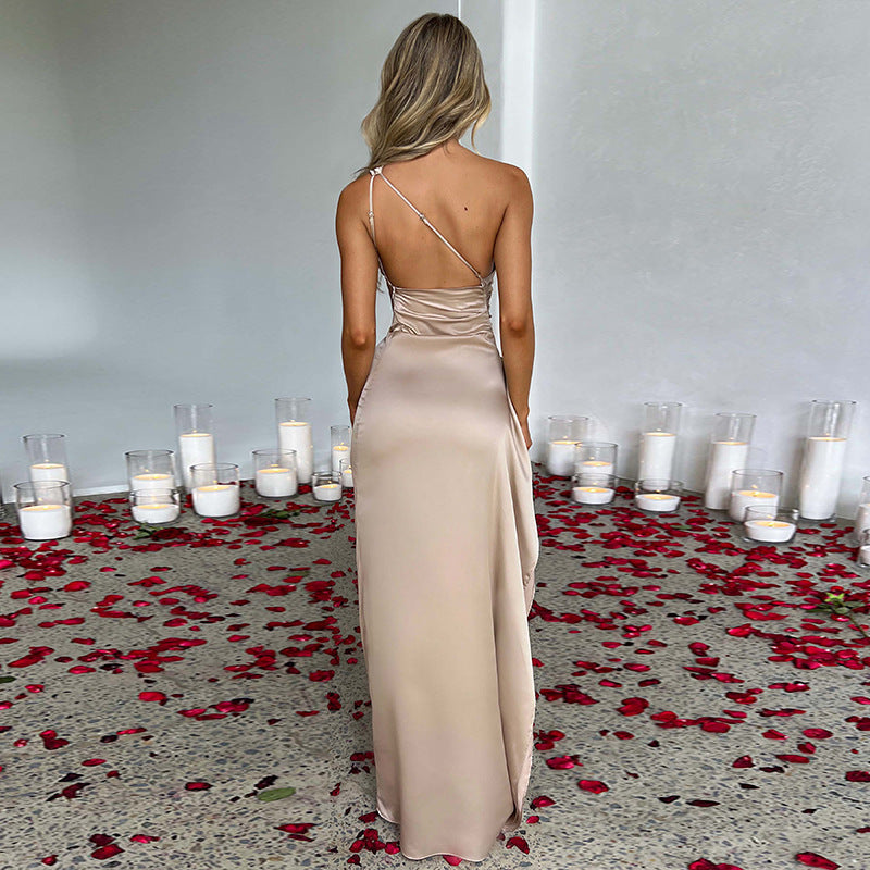 Women’s Satin One-Shoulder Backless Slit Dress