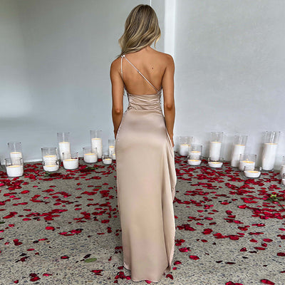Women’s Satin One-Shoulder Backless Slit Dress