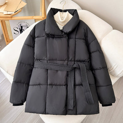 Women’s Winter Plaid Lapel Coat with Lace-Up Design
