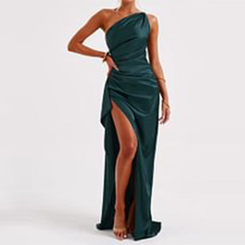 Women’s Satin One-Shoulder Backless Slit Dress