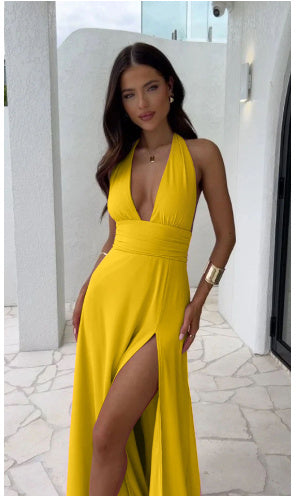 Women’s Halterneck V-Neck Backless Summer Slit Dress